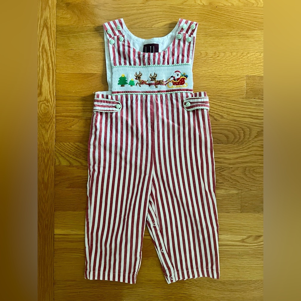 Striped Holiday Kids Overalls with Santa Design